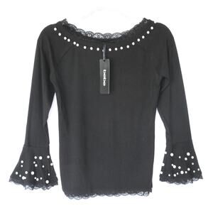 New BEBE Black Pearl Embellished Long Sleeve Stretchy Top Women Sz M